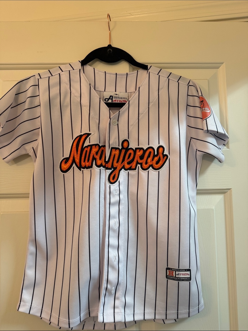 Naranjeros Pinstripe Baseball Jersey - White with Orange Script